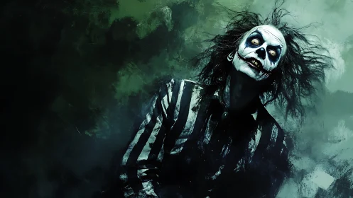 Monochrome striped figure with skeletal face on green field.