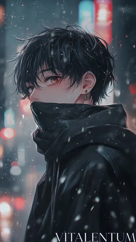 Hooded youth in snowfall, soft bokeh neon background and rim lighting