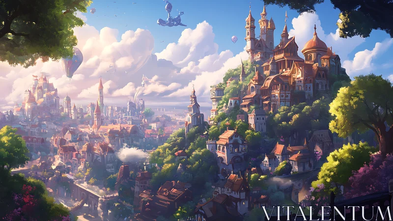 Skyward hilltop kingdom drifting beneath bright daydream clouds.