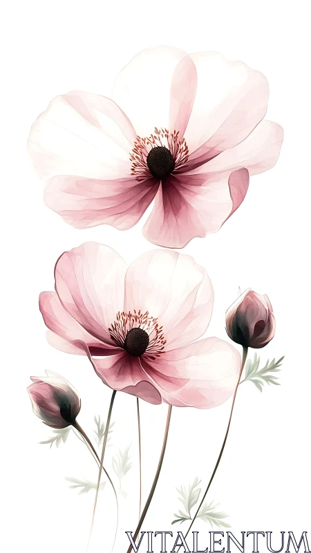 Delicate Pink Cosmos Flowers in Botanical Watercolor Art