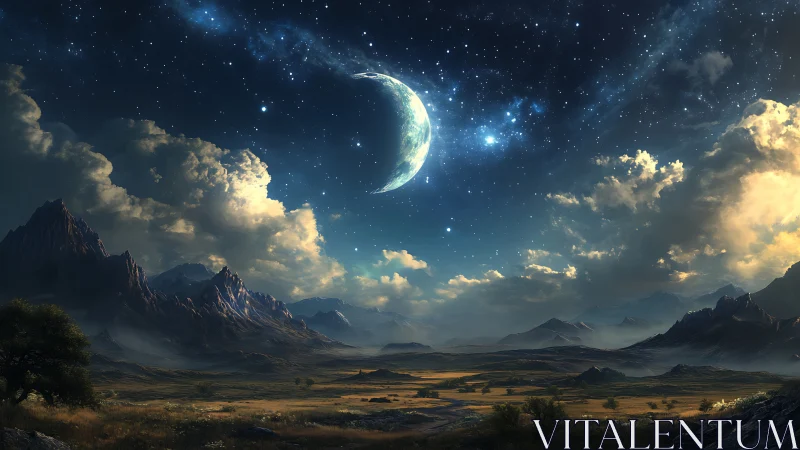 Crescent moon hangs above wide valley and distant peaks