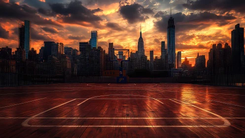 Urban rooftop court under thermally saturated sunset sky.