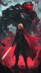 Swordsman in red cloak stands before armored mech guardian.