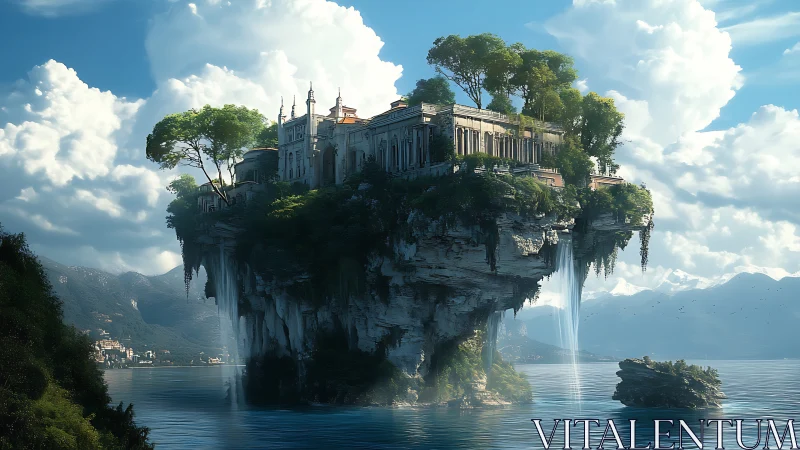 Palatial structure positioned on elevated stone formation in lacustrine setting