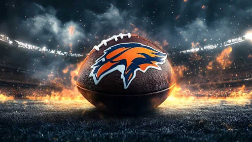 Football sits on flaming field under stadium lights at night