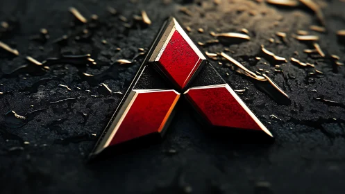Red triangular emblem gleams on wet metallic surface.