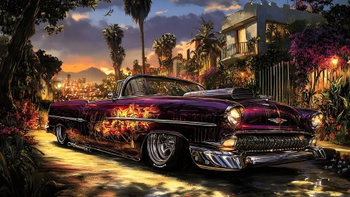 Sunset cruise with a gleaming classic lowrider car.
