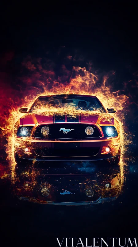 Muscle car front view engulfed in stylized digital flames.