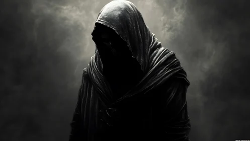 Hooded shadowed figure stands shrouded in dense swirling mist