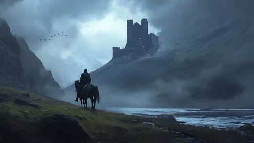 Lone rider nears mist-wrapped mountain fortress at dusk.