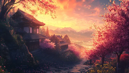 Sunset path through cherry blossoms and quiet hillside home.