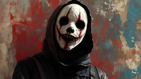 Hooded skull mask portrait with smeared chromatic backdrop.