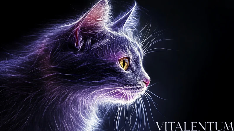 Neon glowing cat head with golden yellow eyes against black.