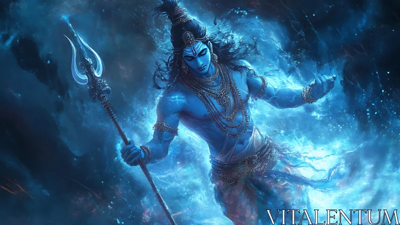 Blue-skinned mythic warrior with trident in energy field.