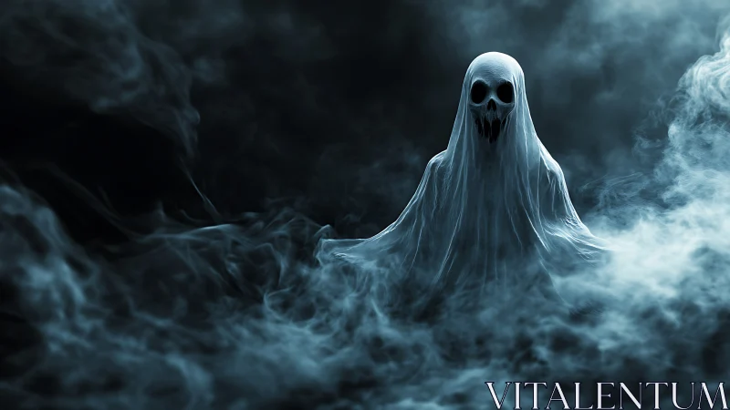Ghostly wraith rises from swirling mist in eerie darkness.