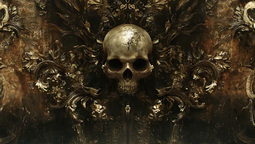Golden skull surrounded by dark, ornate floral flourishes.