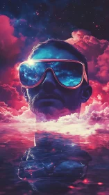 Stargazer adrift in neon clouds and cosmic reflections.