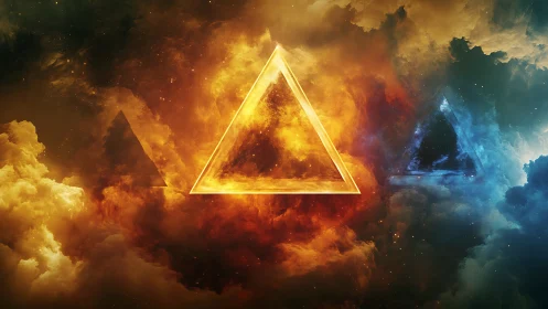 Radiant glowing triangles drift quietly through stormy nebula