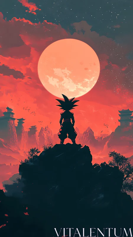 Silhouetted figure on peak before large red lunar disc.