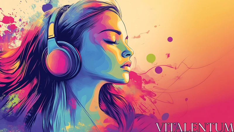 Colorful daydream with headphones and flowing music hues.
