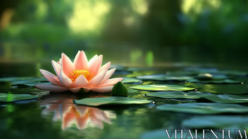 Gentle pink water lily glowing softly on a tranquil pond.