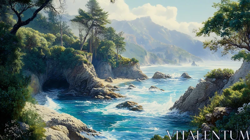 Sunlit rocky cove with turquoise surf and distant hazy peaks