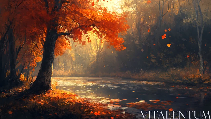 Autumn woodland pond with sunlight on orange foliage.