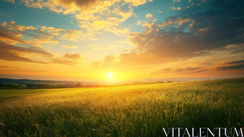 Golden-hour sun radiates across expansive rural grassland