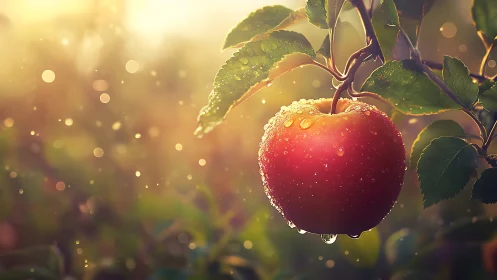 Sunlit dewy apple hangs on branch in a glowing orchard haze