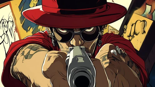 Red-hatted outlaw aims down the barrel in bold comic grit.