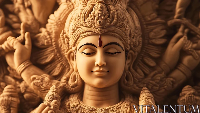 Photorealistic carved deity portrait with ornate relief detail.