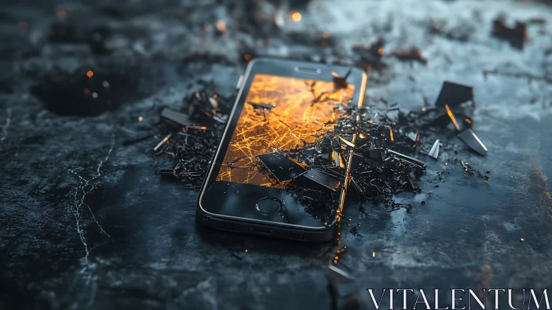 Shattered smartphone on wet concrete reflects fiery digital grid