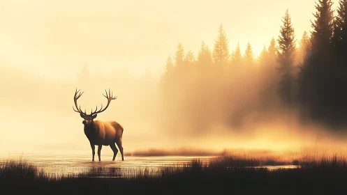Solitary elk standing in misty sunrise wetland scene.