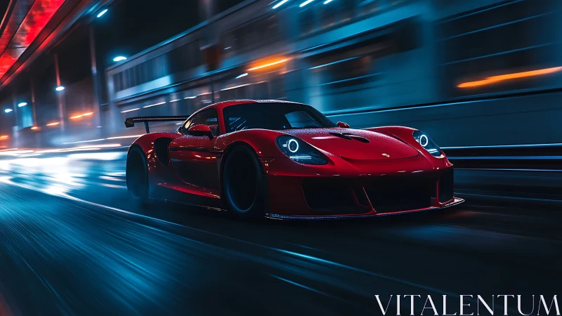 Red sports car streaks through neon city streets at night.