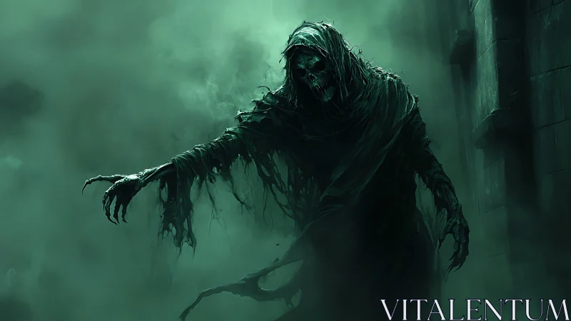 Shrouded reaper glides through eerie green misty corridor