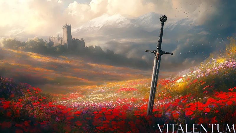 Medieval sword in flower field before distant mountain castle.