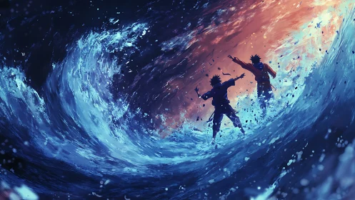 Twin warriors command tidal vortex in cinematic seascape.