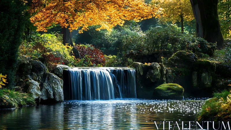 Autumn forest waterfall with golden foliage and calm pool.