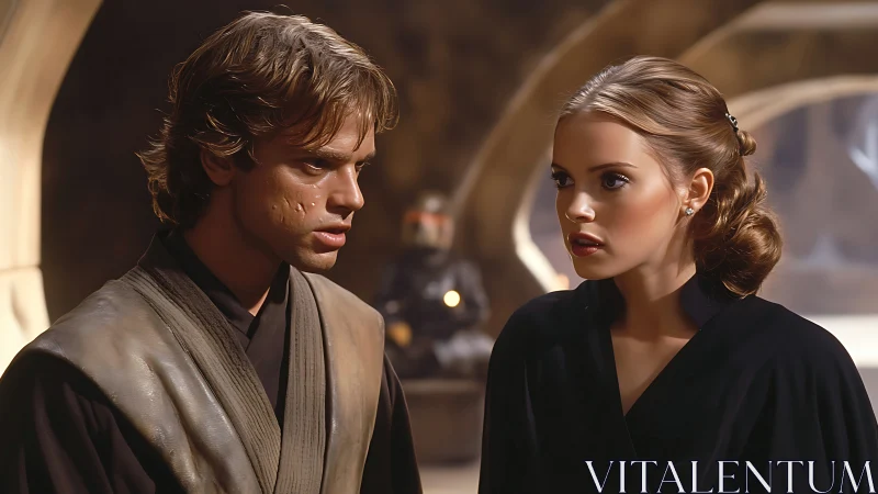 Two young warriors stand tense in warm sci-fi interior