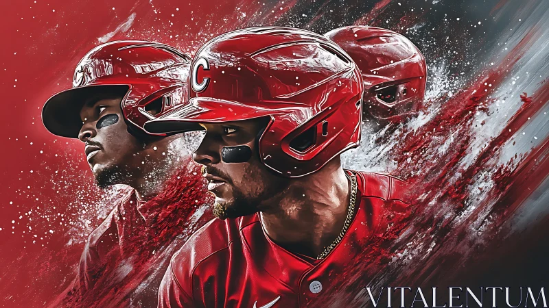 Dynamic red baseball trio surges forward in explosive motion.