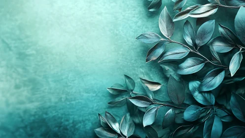 Teal foliage drifts across a softly textured abstract field.