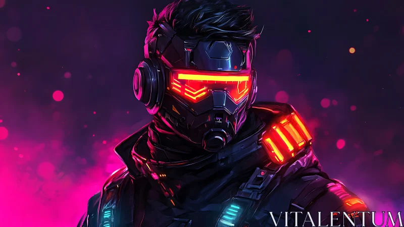 Neon-lit cyber soldier stands ready in glowing city haze