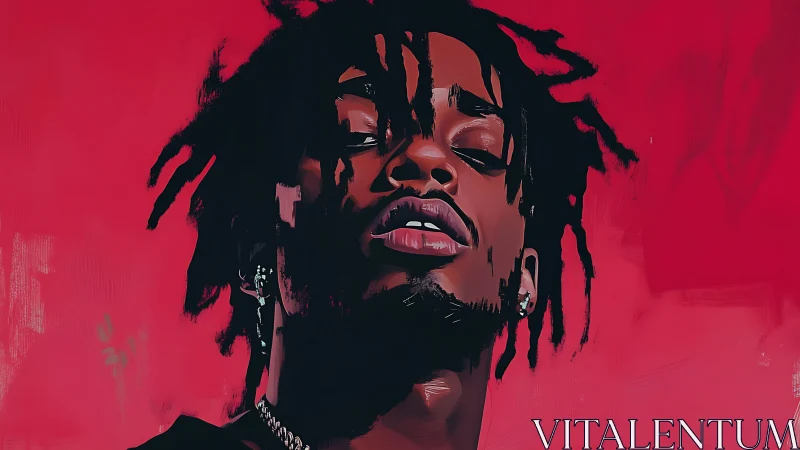 Bold hip-hop portrait glowing against vivid red canvas.