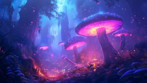 Neonspell mushrooms glow in a dream-soaked twilight forest.