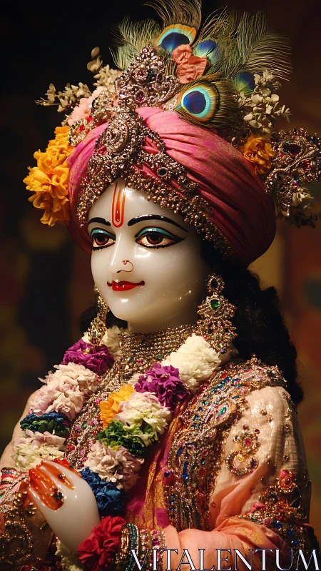 Divine Krishna idol glows in rich jewels and fragrant blossoms