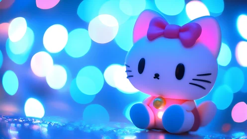 Glowing chibi cat figurine with neon bokeh light backdrop