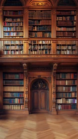 Ornate wooden library wall with arched central doorway.