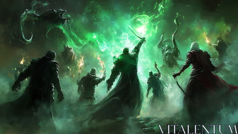 Arcane warband channeling emerald ether against void entities.