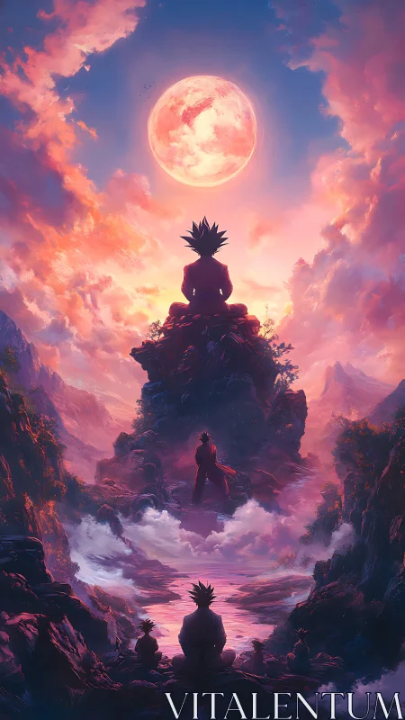 Silhouetted figures on rocky path under large glowing moon.