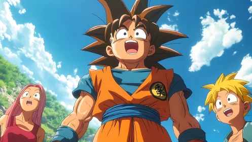 Tri-character aerial gaze with dynamic anime foreshortening.